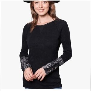 American Able Black Thermal Scoop Neck Paisley Banded Long Sleeve Top Size L